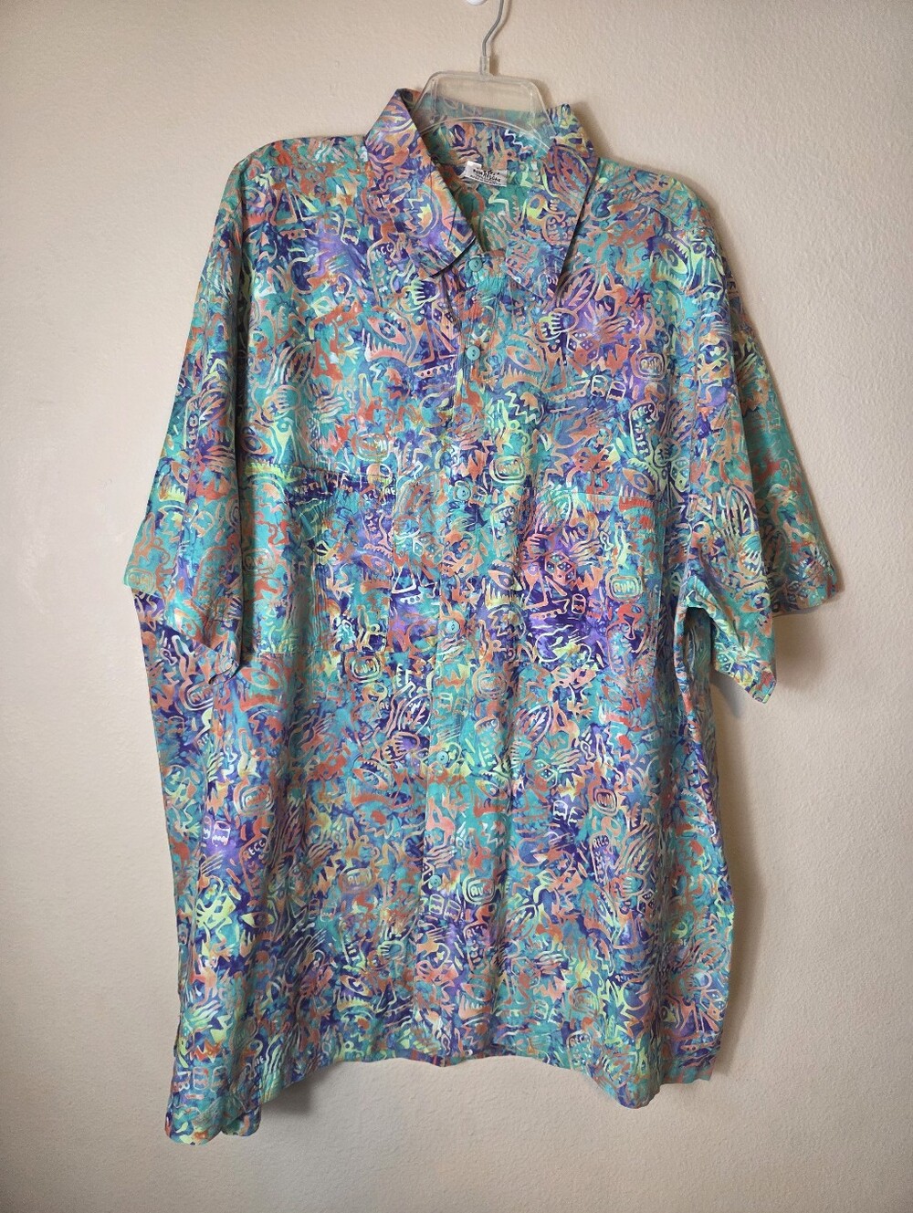 Rum Reggae Button Shirt 2X Big & Tall Blue Teal Orange Cotton Abstract Dice Drum